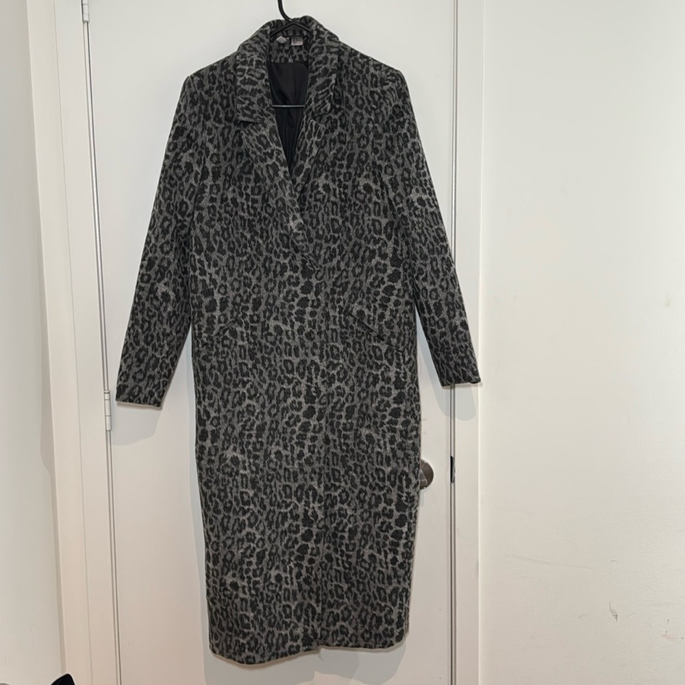 H&M Grey Leopard Print Wool Blend Coat